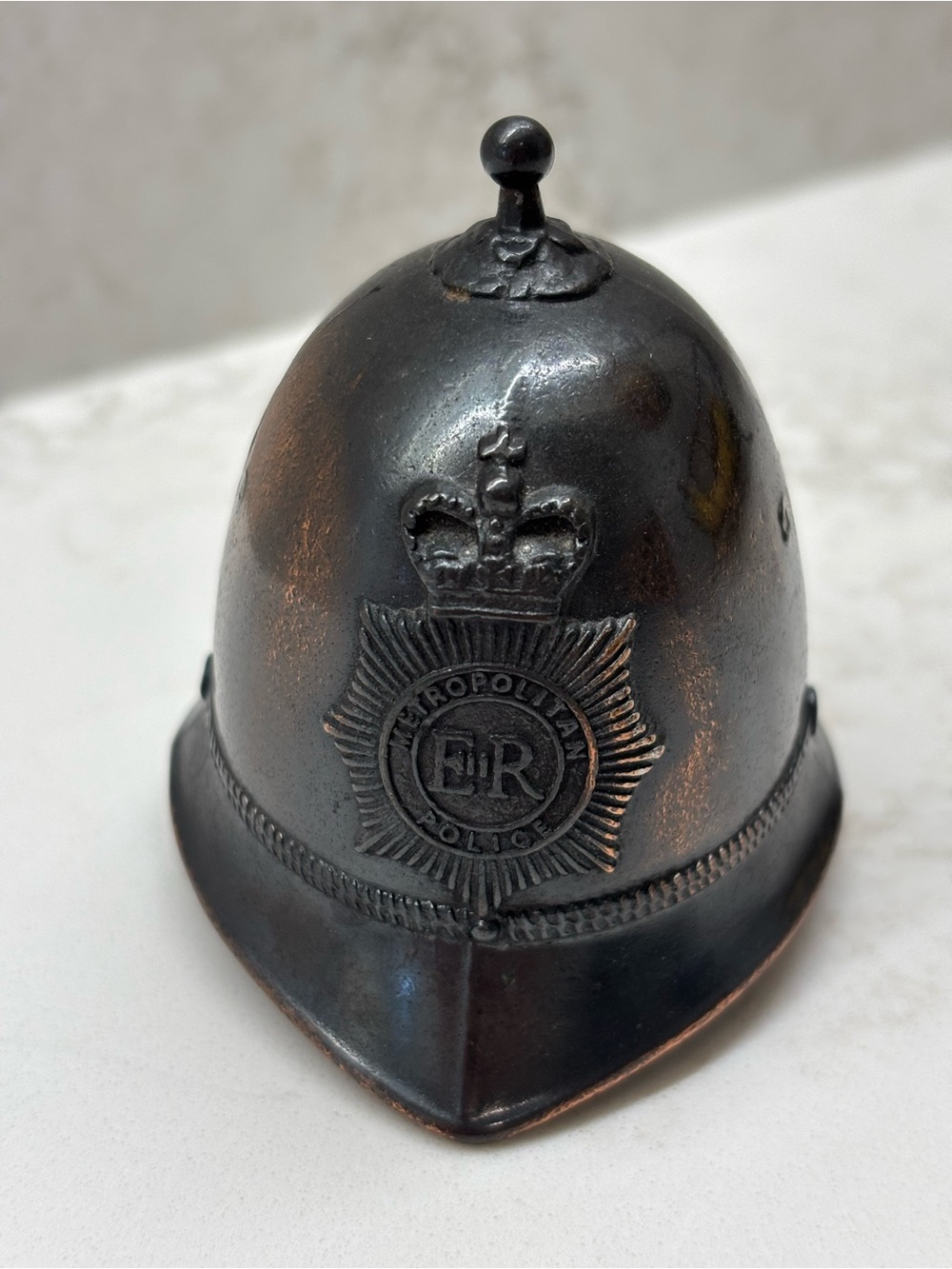 Vintage bell, metal metropolitan police ER crown helmet